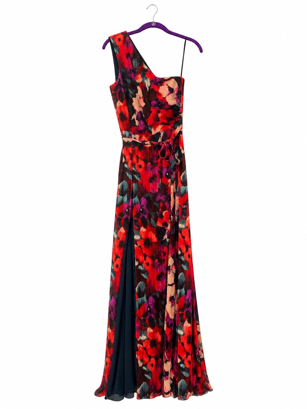 Dress the Population One-Shoulder Floral Maxi Dress in Red and Black